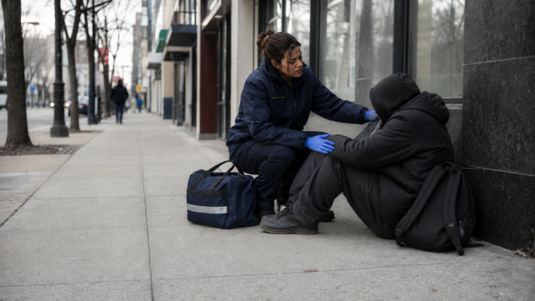 Outreach worker assisting a distressed person on a downtown sidewalk