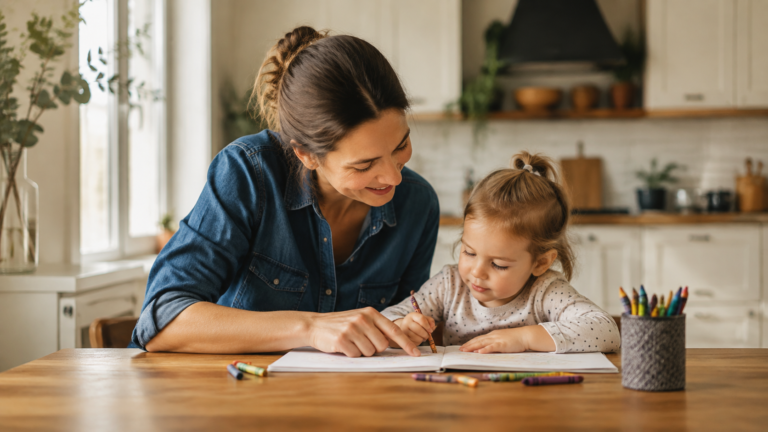 Great. Fill in: Alt Text: Mother drawing at a kitchen table with her young daughter